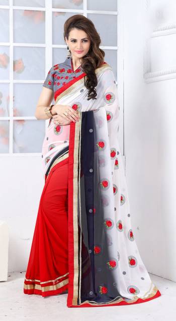 Grab This Saree In White And Red Color Paired With Contrasting Grey Colored Blouse. This Saree Is Fabricated On Georgette Paired With Art Silk Fabricated Blouse. It Is Light Weight, Soft Towards Skin and Also Durable.