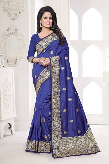 Grab This Beautiful Silk Saree In Blue Color Paired With Blue Colored Blouse. This Saree And Blouse Are Fabricated On Art Silk Beautified With Jari Embroidery. Buy This Saree Now.