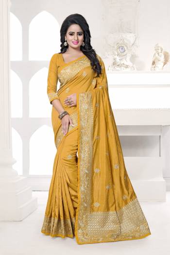 Celebrate This Festive Season wearing This Silk saree In Musturd Yellow Color Paired With Musturd Yellow Colored Blouse. This Saree And Blouse Are Fabricated On Art Silk Beautified With Jari Embroidery All Over It.