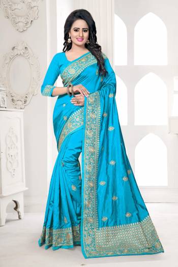 Here Is Cool Colored Saree In Turquoise Blue Color Paired With Turquoise Blue Colored Blouse. This Saree And Blouse Are Fabricated On Art Silk Beautified With Jari Embroidery All Embroidery All Over. Buy Now.