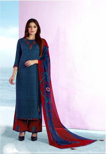 Get A Beautiful Amazing Look Wearing This Straight Cut Suit In Blue Color Paired With Contrasting Red Colored Bottom And Red And Blue Dupatta. Its Top And Bottom Are Fabricated On Cotton Paired With Chiffon Dupatta. It Is Beautified With Prints And Thread Work. Buy Now.