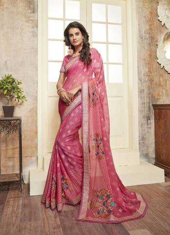 Look Pretty In This Designer Saree In Pink Color Paired With Pink Colored Blouse. This Saree Is Fabricated On Chiffon Paired With Art Silk Fabricated Blouse.  It Is Beautified with Prints And Embroidery And Lace Border Making The Saree More Heavy And Attractive.