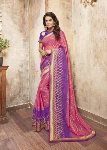 Two Pretty Colors Are Combined In This One Saree With Pink And Purple Color Paired With Purple Colored Blouse. This Saree Is Fabricated On Chiffon Paired With Art Silk Fabricated Blouse. It Is Light Weight Which Ensures Superb Comfort And Also Earns You Lots Of Compliments From Onlookers.