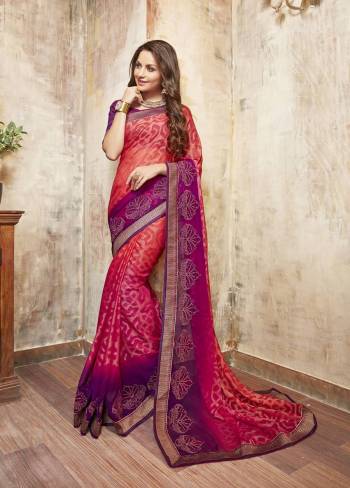 Two Pretty Colors Are Combined In This One Saree With Pink And Purple Color Paired With Purple Colored Blouse. This Saree Is Fabricated On Chiffon Paired With Art Silk Fabricated Blouse. It Is Light Weight Which Ensures Superb Comfort And Also Earns You Lots Of Compliments From Onlookers.