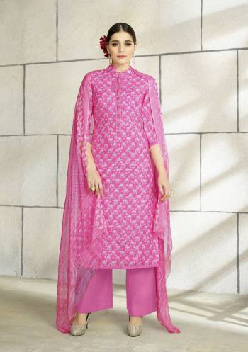 For Your Casual Or Semi-Casual Wear, Grab This Dress Material In Pink Color Paired With Pink Colored Bottom And Dupatta. Its Top And Bottom Are Fabricated On Cotton Paired With Chiffon Dupatta. Get This Stitched As Plazzo Suit Or Pants Or As A Simple Salwar As Per Your Comfort. Buy Now.