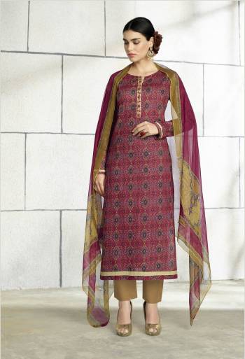 Add This New Shade To Your Wardrobe With This Printed Dress Material In Wine Colored Top Paired With Beige colored Bottom And Wine And Beige Dupatta. Its Top And Bottom Are Fabricated On Cotton Paired With Chiffon Dupatta. Buy This And Dress Material Now.