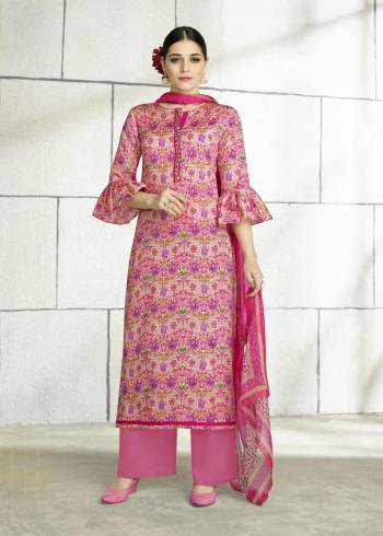 For Your Casual Or Semi-Casual Wear, Grab This Dress Material In Pink Color Paired With Pink Colored Bottom And Dupatta. Its Top And Bottom Are Fabricated On Cotton Paired With Chiffon Dupatta. Get This Stitched As Plazzo Suit Or Pants Or As A Simple Salwar As Per Your Comfort. Buy Now.