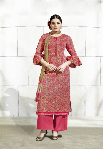 For Your Casual Or Semi-Casual Wear, Grab This Dress Material In Pink Color Paired With Pink Colored Bottom And Beige  Dupatta. Its Top And Bottom Are Fabricated On Cotton Paired With Chiffon Dupatta. Get This Stitched As Plazzo Suit Or Pants Or As A Simple Salwar As Per Your Comfort. Buy Now.