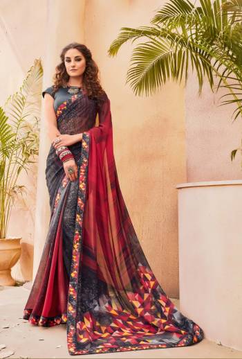 Enhance Your Personality Wearing This Saree In Dark Grey Color Paired With Dark Grey Colored Blouse. This Saree Is Fabricated On Georgette Paired With Satin Silk Fabricated Blouse. Both The Fabrics Are Soft Towards Skin And Easy To Carry All Day Long.