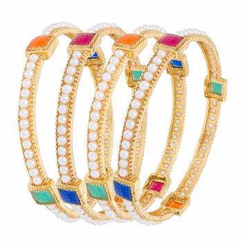 Proper Traditonal Look You Will Get With These Lovely Set Of Bangles. These Bangles Are Set Of 4, Beautified With Moti And Multi Colored Stone Work.