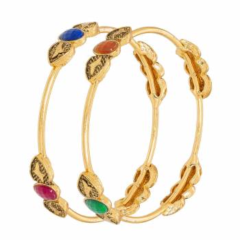 Little Delicate Always Looks Good, Grab This Set Of Bangles In Golden Color Beautified With Stone Work. These Are Bangles Set Of 2. It Is Light Weight And Easy To Carry All day Long.