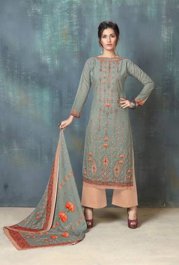 Flaunt Your Rich And Elegant Taste Wearing This Straight Cut Suit In Grey Colored Top Paired With  Peach Colored Bottom And Grey Colored Dupatta. Its Top And Bottom Are Fabricated On Cotton Paired With Soft Cotton Dupatta. This Suit Is Light Weight And Easy To Carry All Day Long.