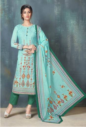 Look Pretty In This Designer Straight Cut Suit In Sky Blue Colored Top Paired With Contrasting Green Colored Bottom And Sky Blue Colored Dupatta. Its Top And Bottom Are Fabricated On Cotton Paired With Soft Cotton Dupatta. Buy This Dress Material And Get This Stitched As Per Your Comfort.