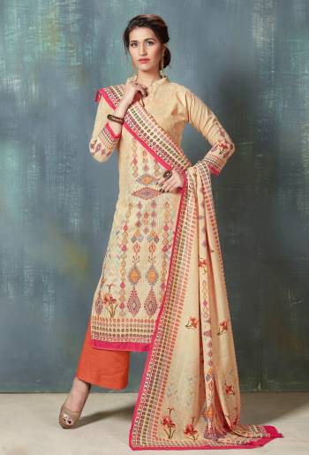 Rich And Elegant Looking Straight Cut Suit Is Here In Beige Colored Top Paired With Orange Colored Bottom And Beige Colored Dupatta. Its Top And Bottom Are Fabricated On Cotton Paired With Soft Cotton Dupatta. Buy This Now.