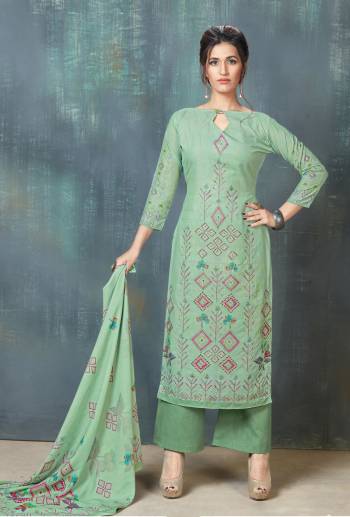 This Season Is About Subtle Shades And Pastel Play, So Grab This Designer Straight Cut Suit In Pastel Green Color Paired With Pastel Green Colored Bottom And Dupatta. Its Top And Bottom Are Fabricated On Cotton paired With Soft Cotton Dupatta. It Is Light Weight And Easy To Carry All Day Long.