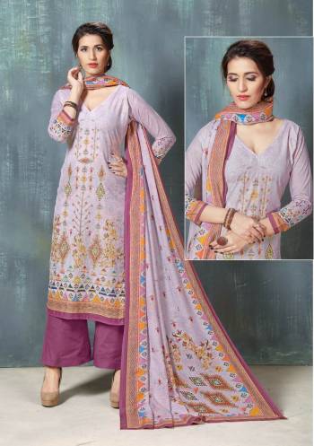 New And Unique Shade Is Here With This Straight Cut Suit In Lavendor Colored Top Paired With Purple Colored Bottom And Lavendor Colored Dupatta. Its Top And Bottom Are Fabricated On Cotton Paired With Soft Cotton Dupatta. Get This Dress Material Stitched As Per Your Desired Fit And Comfort.