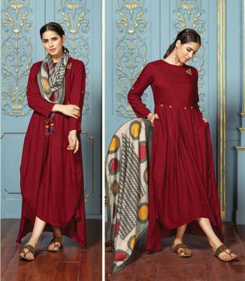 Grab This Beautiful And Attractive Designer Readymade Kurti In Maroon Color Fabricated On Rayon Cotton Paired With Printed Scarf Fabricated On Silk Satin. Buy This Designer Kurti Now.