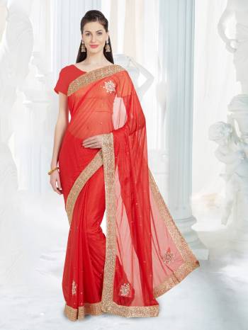 Adorn The Angelic Look Wearing This Saree In Red Color Paired With Red Colored Blouse. This Saree Is Fabricated On Net Lycra Paired With Art Silk Fabricated Blouse. Both Its Fabrics Ensures Superb Comfort All Day Long.