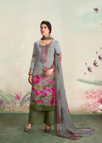 Flaunt Your Rich And Elegant Taste Wearing This Dress Material In Grey Colored Top Paired With Olive Green Colored Bottom And Grey Colored Dupatta. Its Top IS Fabricated On Cotton Satin Paired With Cotton Bottom And Chiffon Dupatta. Get This Stitched As Per Your Desired Fit And Comfort. 