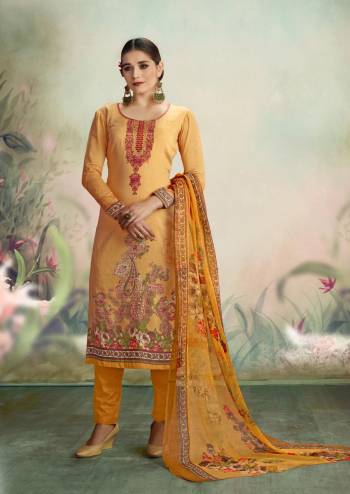 Celebrate This Festive Season Wearing This Suit In Musturd Yellow Color Paired With Musturd Yellow Colored Bottom And Dupatta. This Dres Material Is Fabricated On Cotton Satin Paired With Cotoon Bottom And Chiffon Dupatta. Buy This Dress Material Now.