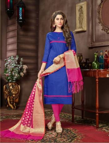 Attract All In This Attractive Straight Suit In Blue Colored Top Paired With Contrasting Dark Pink Colored Bottom And Dupatta. Its Top Is Fabricated On Cotton Silk Paired With Cotton Bottom And Jacquard Silk Dupatta. Buy This Dress Material Now.