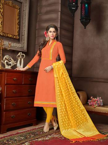 Orange And Yellow Color Induces Perfect Summery Appeal To Any Outfit, So Grab This Dress Material In Orange Colored Top Paired With Yellow Colored Bottom And Dupatta. Its Top Is Fabricated On Cotton Silk Paired With Cotton Bottom And Banarasi Jacquard Dupatta. Buy It Soon Before The Stock Ends.