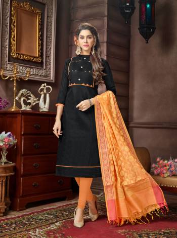 Enhance Your Beauty Wearing This Straight Suit In Black Colored Top Paired With Orange Colored Bottom And Dupatta. Its Top Is Fabricated On Cotton Silk Paired With Cotton Bottom And Banarasi Jacquard Dupatta. Its All Three Fabrics Ensures Superb Comfort All Day Long. Buy Now.