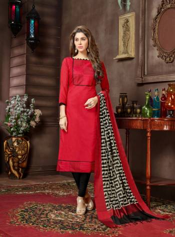 Add This Simple Dress Material To Your Wardrobe In Red Colored Top Paired With Black Colored Bottom And Black And White Dupatta. Its Top Is Fabricated On Cotton Silk Paired With Cotton Bottom And Jacquard Silk Dupatta. This Suit Is Light Weight And Easy To Carry All Day Long.