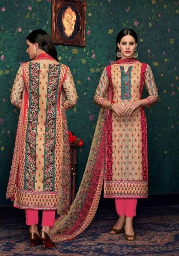 If Those Readymade Suit Does Not Lend You The Desired Comfort, Than Grab This Dress Material In Beige And Pink Colored Top Paired With Pink Colored Bottom And Multi Colored Dupatta. Get This Stitched As Per Your Desired Fit And Comfort.