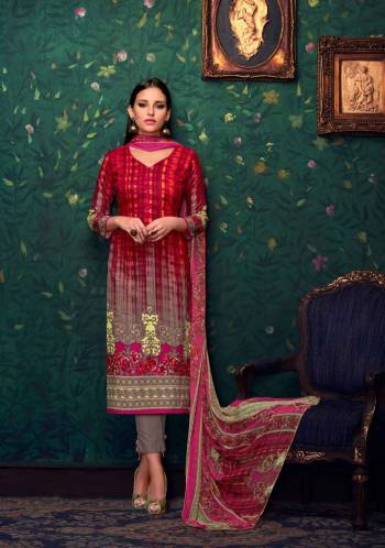 Adorn A Rich and Beautiful Look Like Never Before With This Straight Cut Suit In Red And Grey Color Paired With Grey Colored Bottom And Multi Colored Dupatta. Its Top And Bottom Are Fabricated On Cotton Paired With Chiffon Dupatta. It Is Beautified with Prints All Over. Buy This Dress Material And Get This Stitched As Per Your Desired Fit And Comfort.