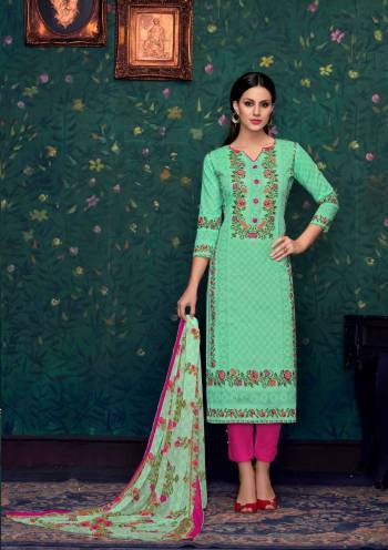 Look Pretty In This Sea Green Colored Suit Paired With Contrasting Fuschia Pink Colored Bottom And Sea Green Colored Dupatta. Its Top And Bottom Are Fabricated On Cotton Paired With Chiffon Dupatta. Get This Pretty Dress Material Stitched As Per Your Desire And Comfort. Buy Now.