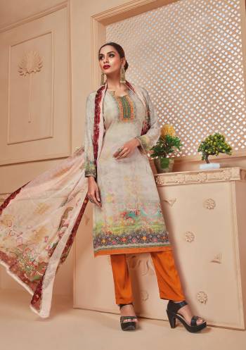 If Those Readymade Suit Does Not Lend You The Desired Comfort, Than Grab This Dress Material In Beige Colored Top Paired Orange Colored Bottom And Beige Dupatta. And Get This Stitched As Per Your Desired Fit And Comfort. Buy This Dress Material Now.