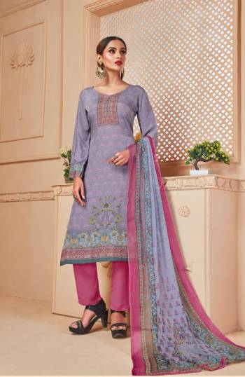 Add This Lovely Shade To Your Wardrobe With This Dress Material In Lavendor Colored Top Paired With Pink Colored Bottom And Lavendor Colored Dupatta. Its Top And Bottom Are Fabricated Crepe Paired With Chiffon Dupatta. It Is Soft Towards Skin And Easy To Carry All Day Long.