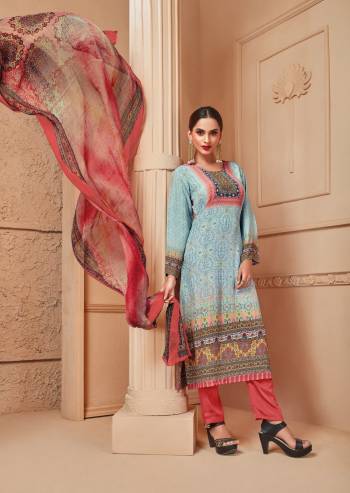 Grab This Dress Material In Sky Blue Colored Top Paired With Contrasting Rust Orange Colored Bottom And Dupattta. Its Top And Bottom Are Fabricated On Crepe Paired With Chiffon Dupatta. It Is Beautified With Prints All Over The Top And Dupatta. Get This Stitched As Per Your Desired Fit And Comfort. Buy Now.