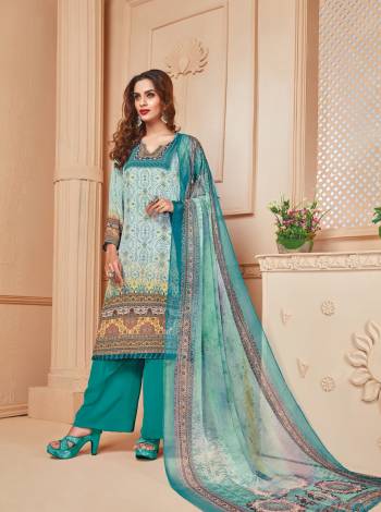 You Will Definitely Earn Lots Of Compliments Wearing Ths Pretty Suit In Light Blue Colored Top Paired With Turquoise Blue Colored Bottom And Light Blue Colored Dupatta. Its Top And Bottom Are Fabricated On Crepe Paired With Chiffon Fabricated Dupatta. It Is Beautified With Intricate Prints All Over. Buy Now.