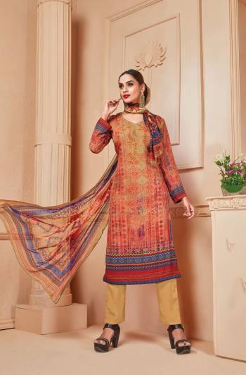 For Your Daily Wear, Grab This Dress Material In Orange Color Paired With Beige Colored Bottom And Orange Colored Dupatta. Its Top And Bottom Are Fabricated On Crepe Paired With Chiffon Dupatta. Get This Stitched As Per Your Desired Fit And Comfort. Buy Now.