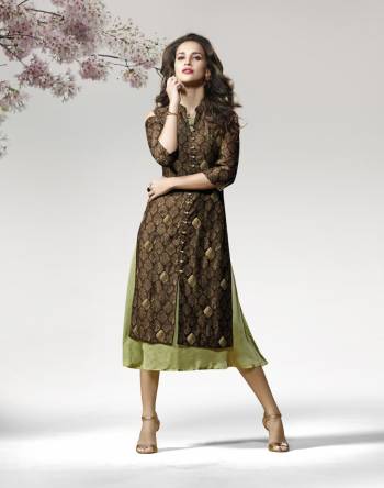 Grab This Lovely Designer Kurti In Brown And Green Color Fabricated On Crepe Silk Beautified with Prints And Patch Work. Buy This Readymade Double Layered Kurti Now.