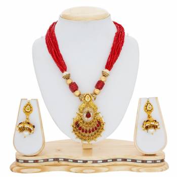 Red And Gold Are The Two Most Attractive Colors, Grab This Beautiful Necklace Set In Red And Golden Beautified With Moti And Stone Work. Buy Now.