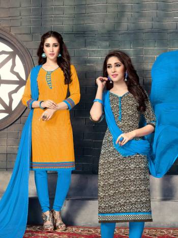 Grab This Pretty Dress Material For Your Casual Wear Which Comes With Two Tops, One Yellow Color And Another In Brown Paired With Contrasting Turquoise Blue Colored Bottom and Dupatta. Both Its Top Are Fabricated On Cotton Paired With Cotton Bottom And Chiffon Dupatta. Buy Now.