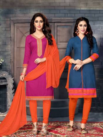 For Your Casual Wear, Grab This Dres Material And Get This Stitched As Per Your Desired Fit And Comfort, This Dress Material Has Two Top With Single Bottom And Dupatta. Its One Top Is In Pink Color Another In Brown Paired With Turquoise Blue Colored Bottom And Dupatta. Its Top And Bottom are fabricated On Cotton Paired With Chiffon Dupatta. Buy Now.