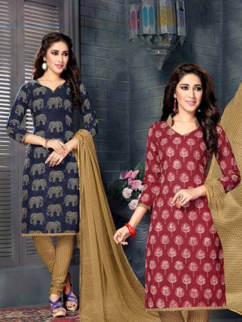 Go With The Folk Prints With This Dress Material In Navy Blue Colored Top And Another In Maroon Colored Top Paired With Beige Colored Bottom And Dupatta. Its Top And Bottom Are Fabricated On Cotton Paired With Chiffon Dupatta. Buy It Now.