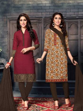 Here Is A Two In One Dress Material With Two Tops, One In Maroon Color And Another In Multi Paired With Dark Brown Colored Bottom And Dupatta. Its Top And Bottom Are Fabricated On Cotton Paired With Chiffon Dupatta. All Its Fabrics Ensures Superb Comfort All Day Long.