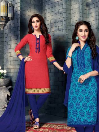 At Price Of One Get Two Looks With This Dress Material In Red Colored Top, Another In Turquoise Blue Colored Top Paired With Royal Blue Colored Bottom And Dupatta. Its Top and Bottom Are Fabricated On Cotton Paired With Chiffon Dupatta. Buy This Dress Material Now.