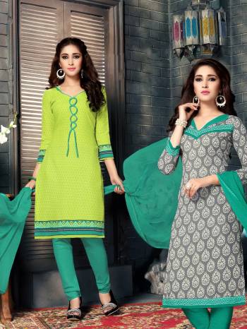 Add Some Shades Os Green With This Two In One Dress Material Which Comes With Two Different Tops. One Of Its Top Is In Light Green Color And Another In Grey Color Paired With Sea Green Colored Bottom And Dupatta. Its Top And Bottom Are Fabricated On Cotton Paired With Chiffon Dupatta. Buy Now.