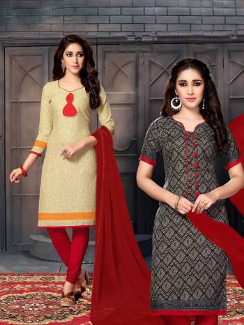 Simple and Elegant Looking Dress Material Is Here In This Two In One Dress Material Which Comes With Two Different Tops. One Of Its Top Is In Cream Color And Another In Dark Grey Paired With Red Colored Bottom and Dupatta. Its Top and Bottom Are Fabricated On Cotton Paired With Chiffon Dupatta. 