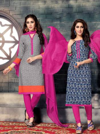 This Summer, Beat The Heat With Some Cotton Casuals With This Dress Material Which Has Two Different Tops. One Of Its Top Is In Grey Color And Another In Blue Paired With Pink Colored Bottom And Dupatta. Its Top And Bottom Are fabircated On Cotton Paired with Chiffon Dupatta. Get This Stitched As Per Your Desired Fit And Comfort.