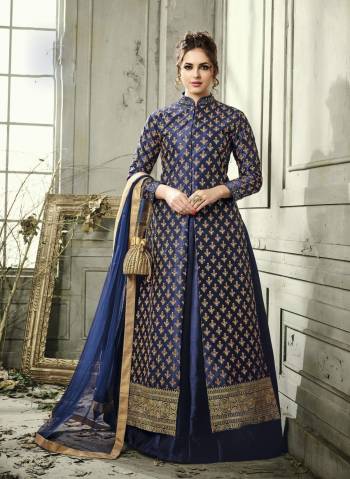 Enhance Your Personality In This Designer Indo-Western Suit In Navy Blue Colored Top Paired With Navy Blue Colored Bottom And Dupatta. Its Top Is Fabricated On Satin Silk With Heavy Embroidery Paired With Satin Silk Lehenga And Net Fabricated Dupatta. Buy This Readymade Suit Now.