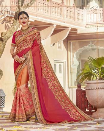 Celebrate This Festive Season Wearing This Heavy Designer Saree In Dark Pink And Orange Color Paired With Dark Pink Colored Blouse. This Saree Is Fabricated On Georgette And Chinon Paired With Art Silk Fabricated Blouse. Its Attractive Color Combination And Embroidery Will Earn You Lots Of Compliments From Onlookers.