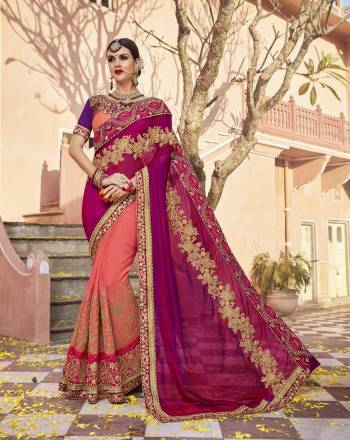 Bright And Visually Appealing Colored Saree Is Here In Rani Pink And Peach Color Paired With Peach Colored Blouse. This Saree Is Fabricated On Silk Georgette And Art Silk Paired With Art Silk Fabricated Blouse. It Is Beautified With Embroidery All Over.