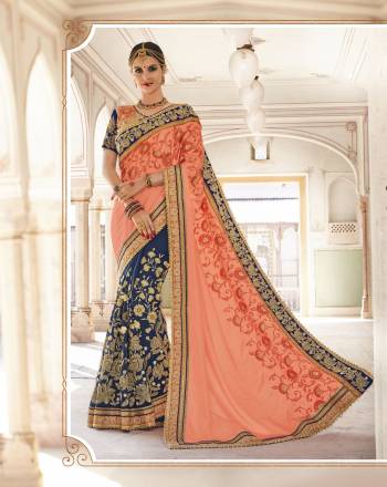 Go Colorful With This Saree In Peach And Blue Color Paired With Beige Colored Blouse. This Saree Is Fabricated On Georgette Paired With Art Silk And Brocade Fabricated Blouse. It Is Beautified With Embroidery All Over The Pallu And Panel. Buy Now.